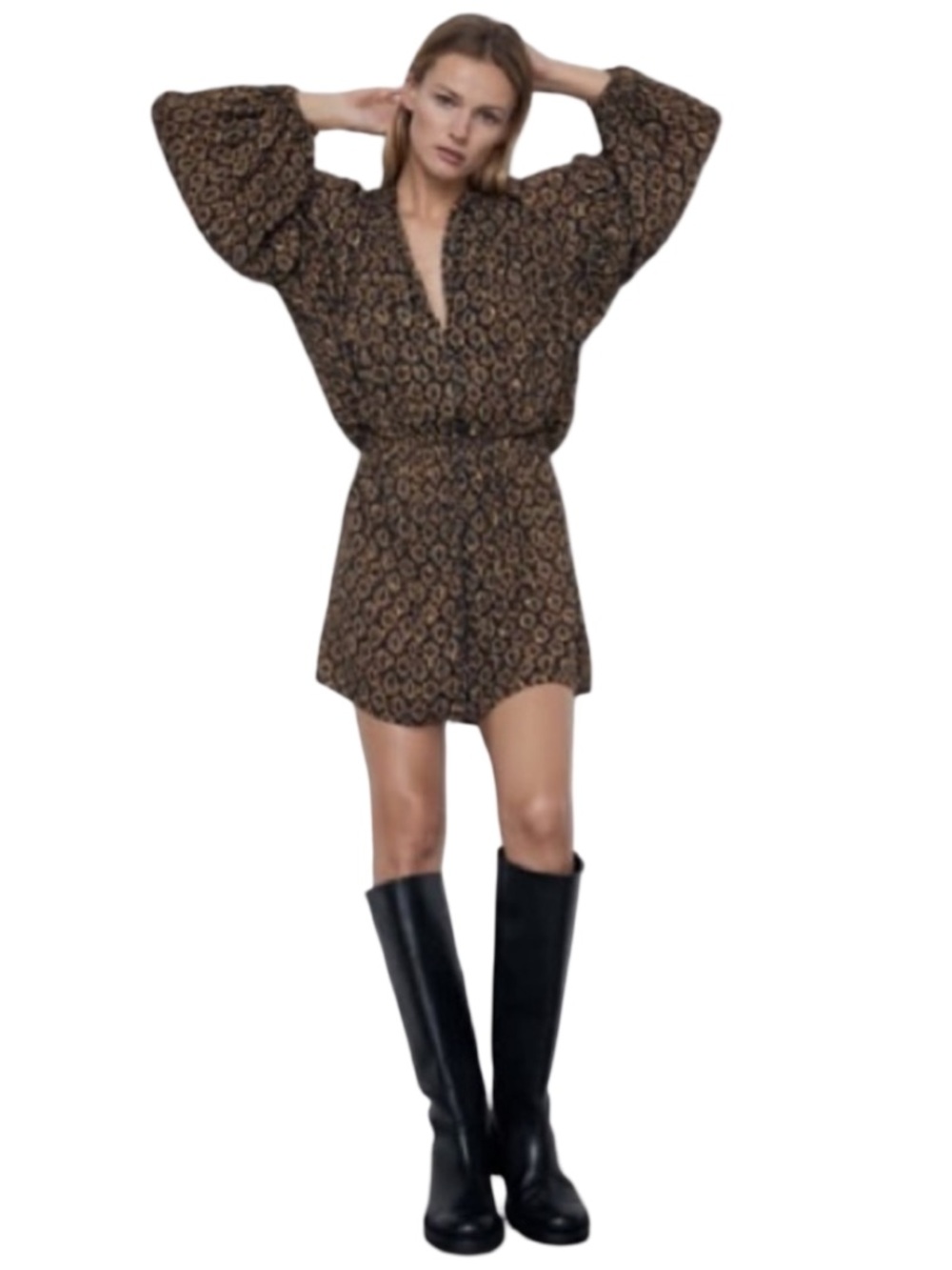 NWT Zara Women’s Black Brown Printed V-Neck Balloon Sleeve Mini Dress XL